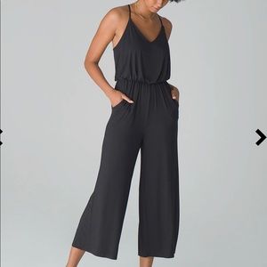 BLACK OPEN BACK DRAPED DESIGNED SOMA JUMPSUIT!!